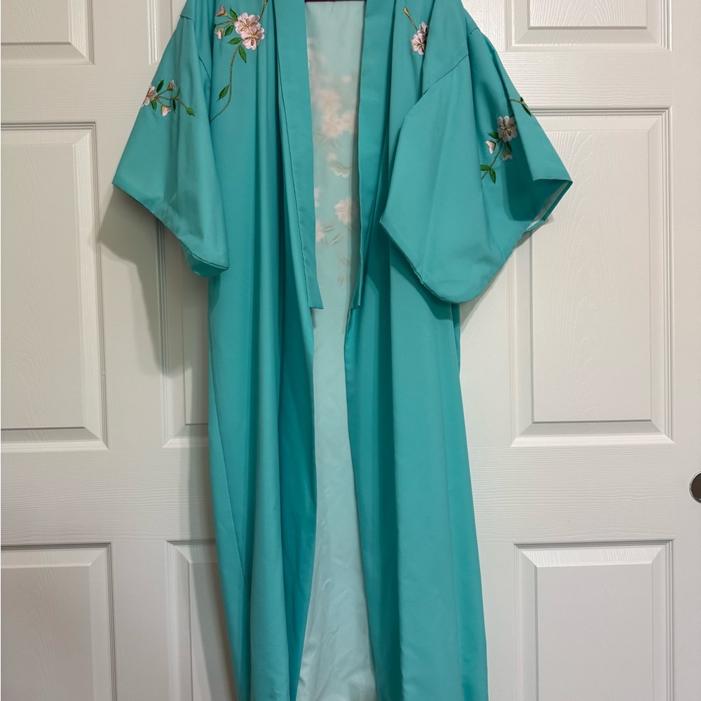 Elegant Teal Floral Kimono Robe